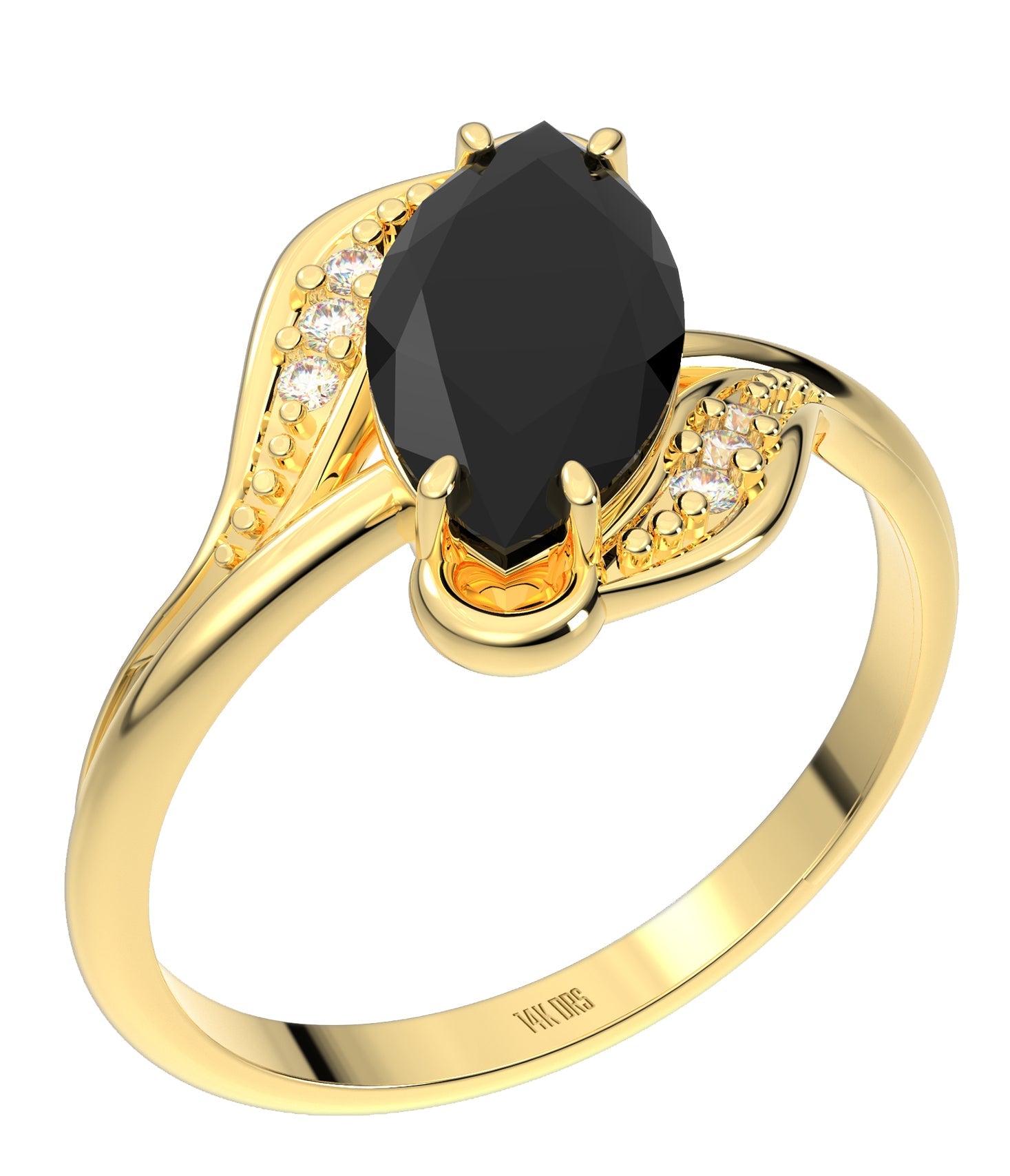 Ladies 14K Yellow Gold Genuine Diamond Marquise Black Onyx Ring - US Jewels
