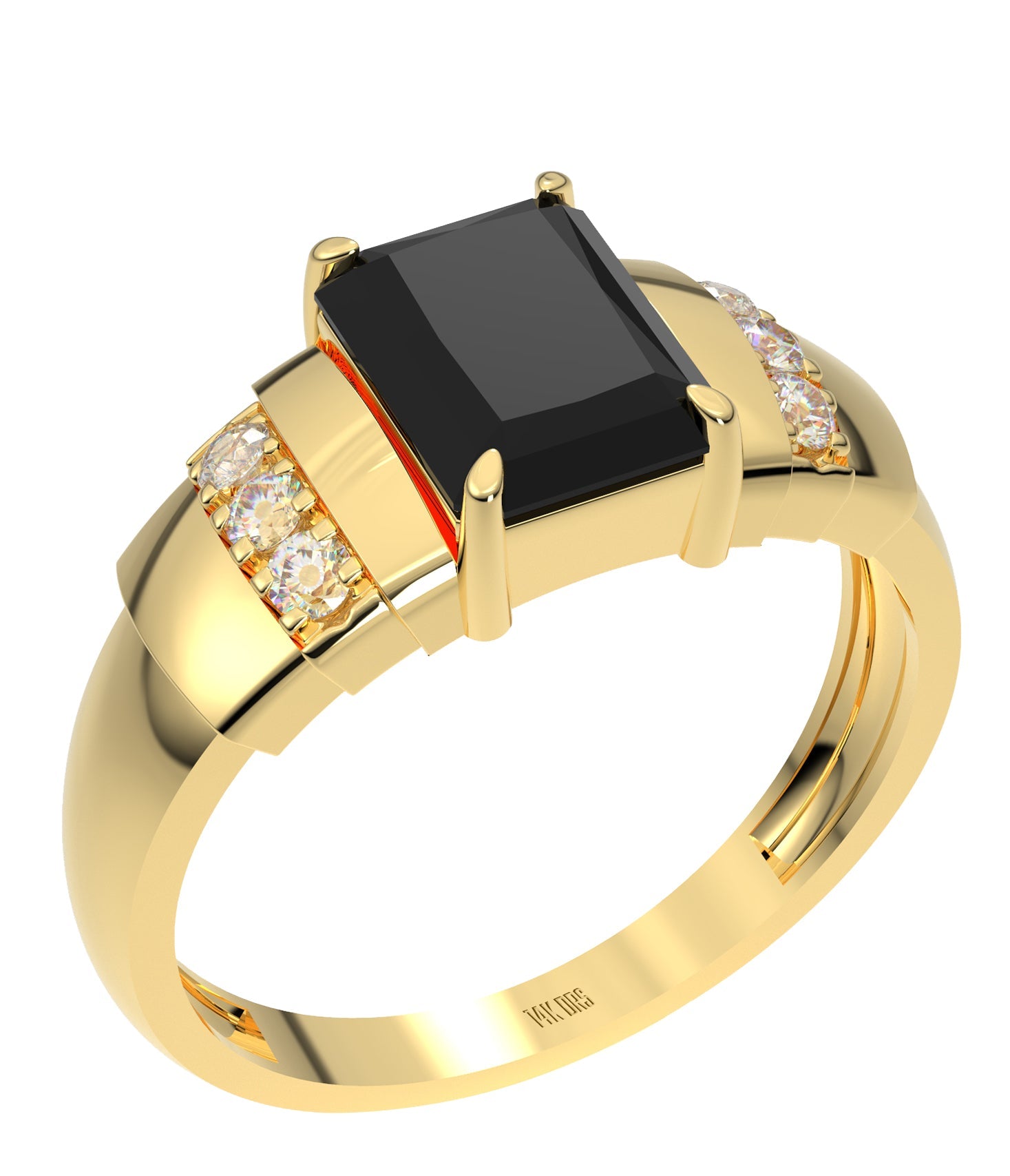 Ladies 14K Yellow Gold Genuine Diamond Rectangular Black Onyx Ring - US Jewels