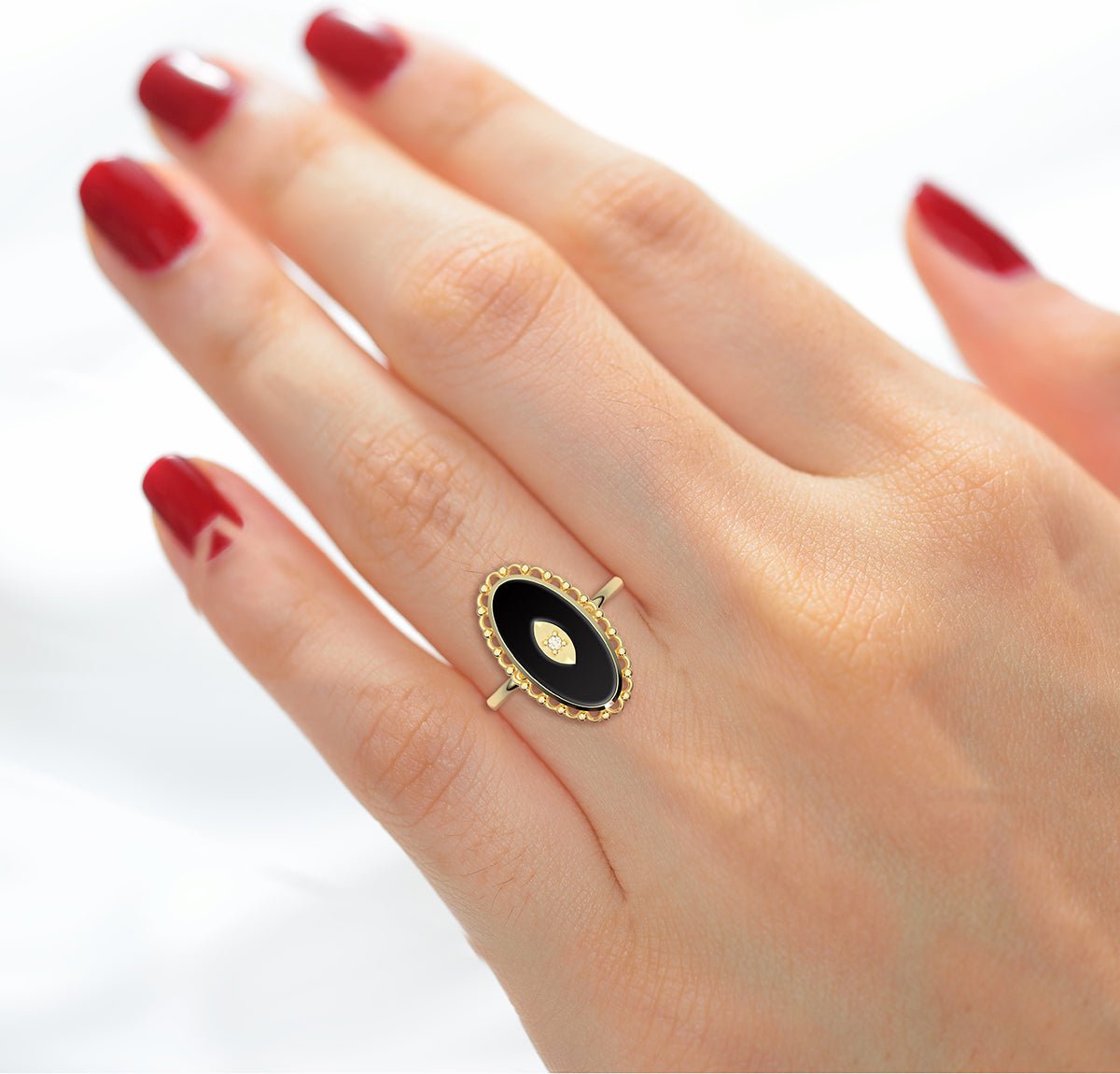 Ladies 14K Yellow Gold Genuine Oval Black Onyx Diamond Ring - US Jewels