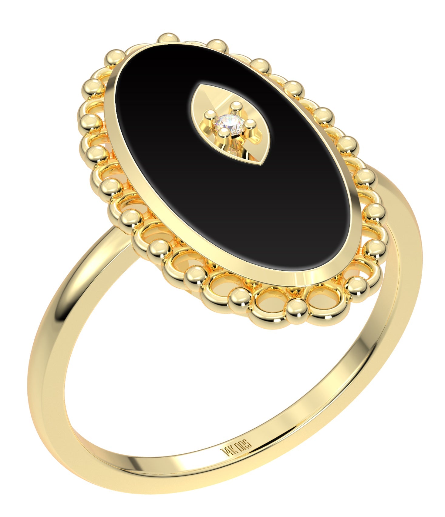 Ladies 14K Yellow Gold Genuine Oval Black Onyx Diamond Ring - US Jewels