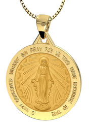 Ladies 14k Yellow Gold Hollow Miraculous Virgin Mary Medal Pendant Necklace, 25mm - US Jewels