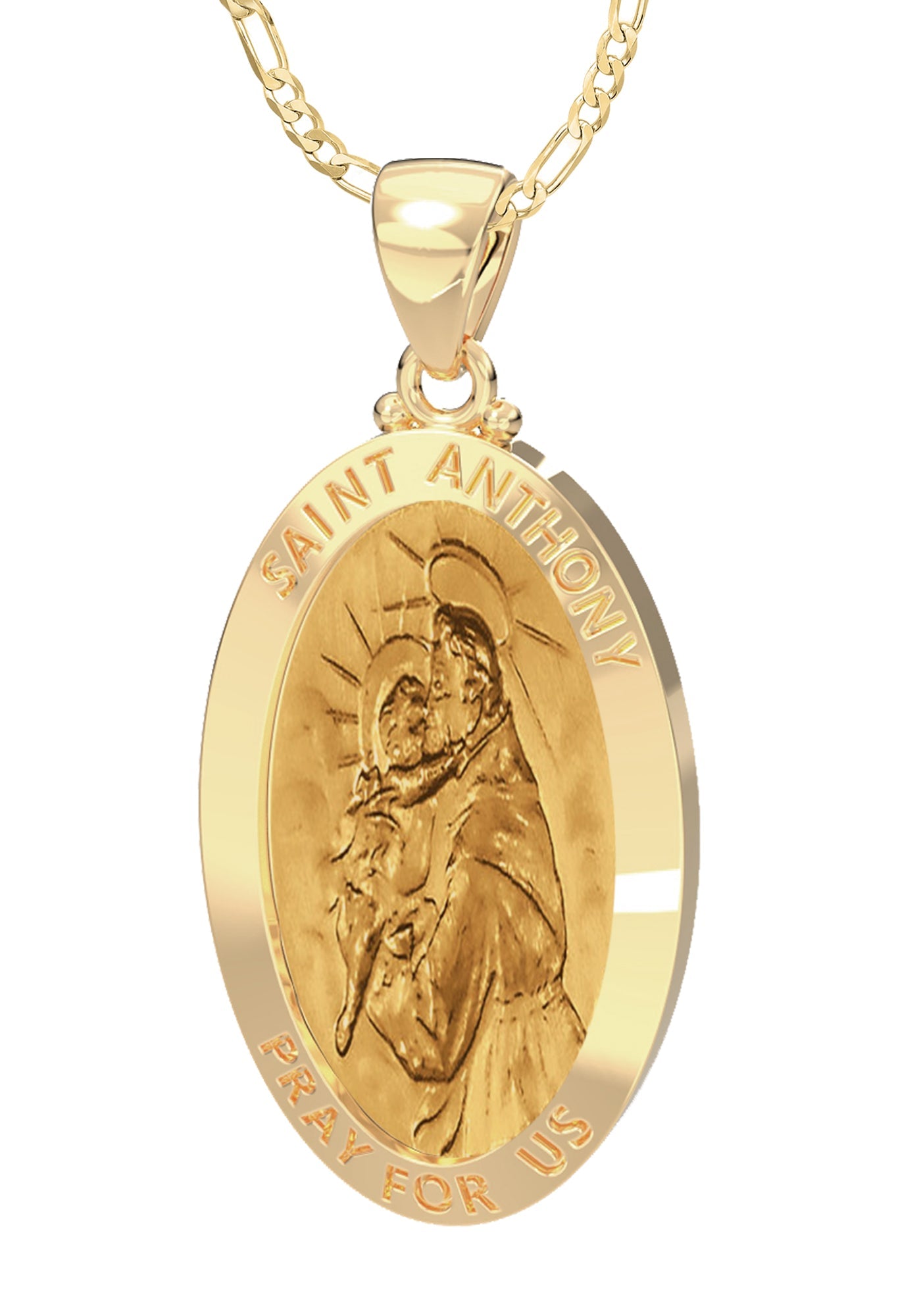 Ladies 14K Yellow Gold Hollow Oval Saint Anthony Medal Pendant Necklace, 26mm - US Jewels