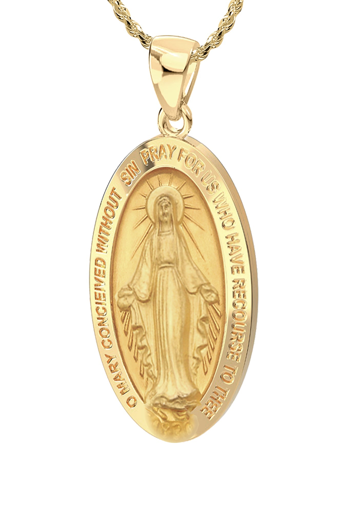 Ladies 14K Yellow Gold Miraculous Virgin Mary Hollow Oval Polished Pendant Necklace, 22mm - US Jewels