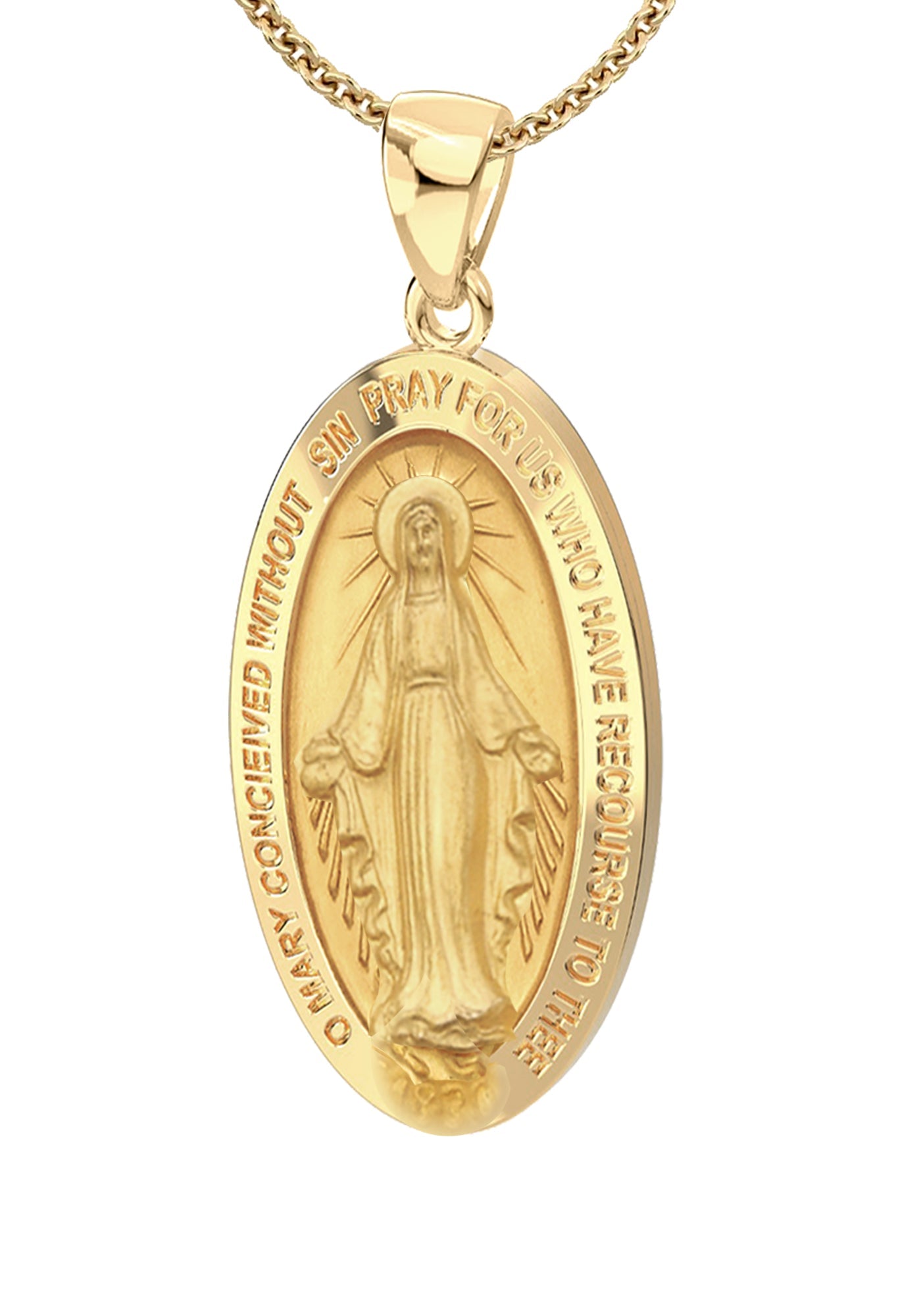 Ladies 14K Yellow Gold Miraculous Virgin Mary Hollow Oval Polished Pendant Necklace, 22mm - US Jewels