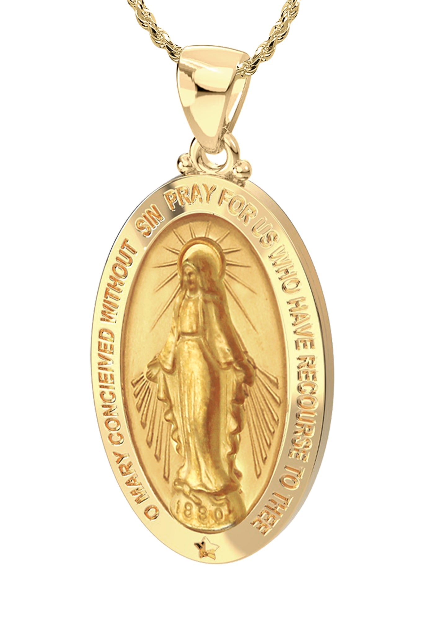 Ladies 14K Yellow Gold Miraculous Virgin Mary Hollow Oval Polished Pendant Necklace, 24mm - US Jewels