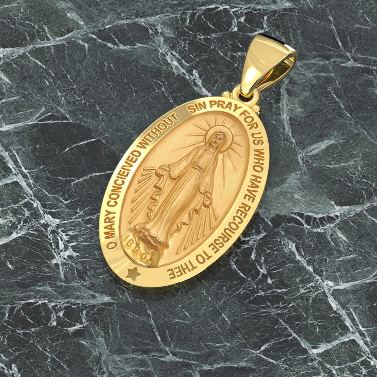 Ladies 14K Yellow Gold Miraculous Virgin Mary Hollow Oval Polished Pendant Necklace, 24mm - US Jewels