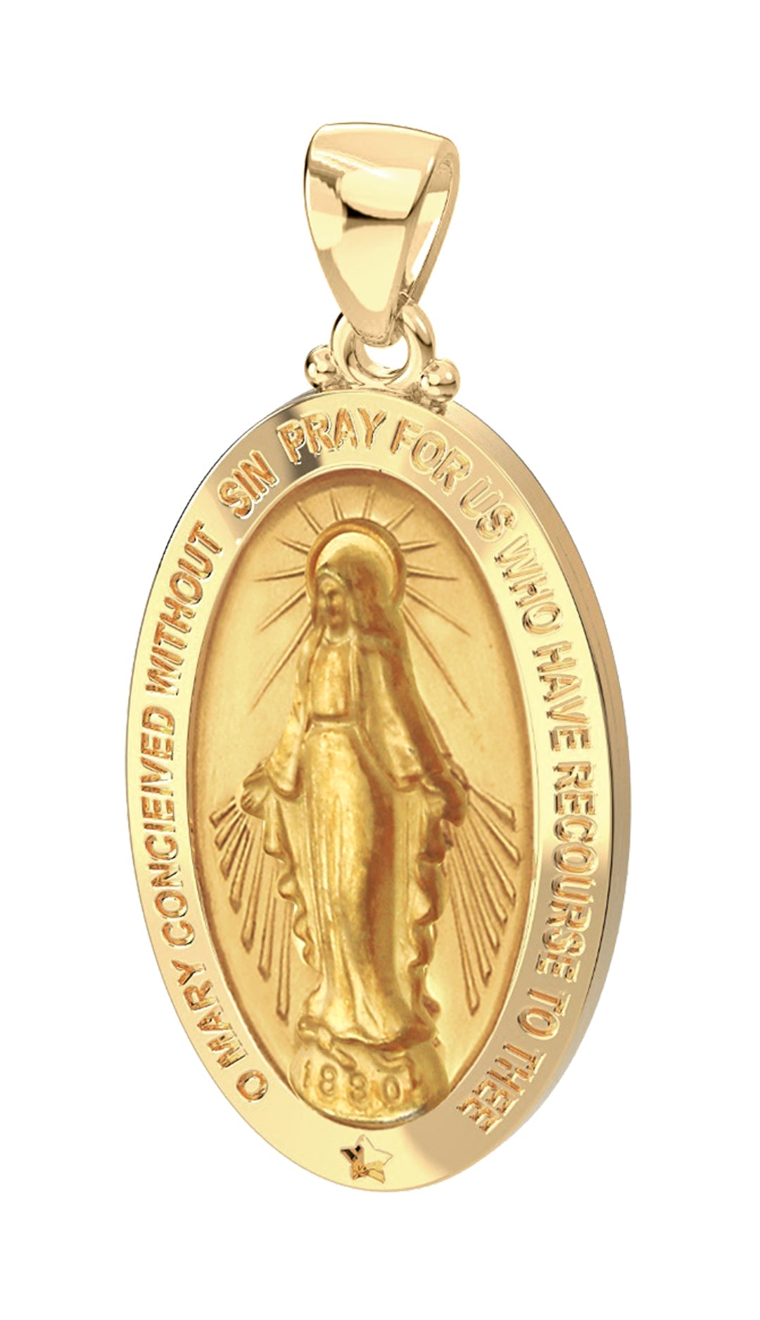 Ladies 14K Yellow Gold Miraculous Virgin Mary Hollow Oval Polished Pendant Necklace 26mm