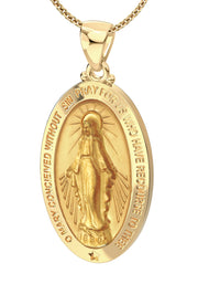 Ladies 14K Yellow Gold Miraculous Virgin Mary Hollow Oval Polished Pendant Necklace, 26mm - US Jewels