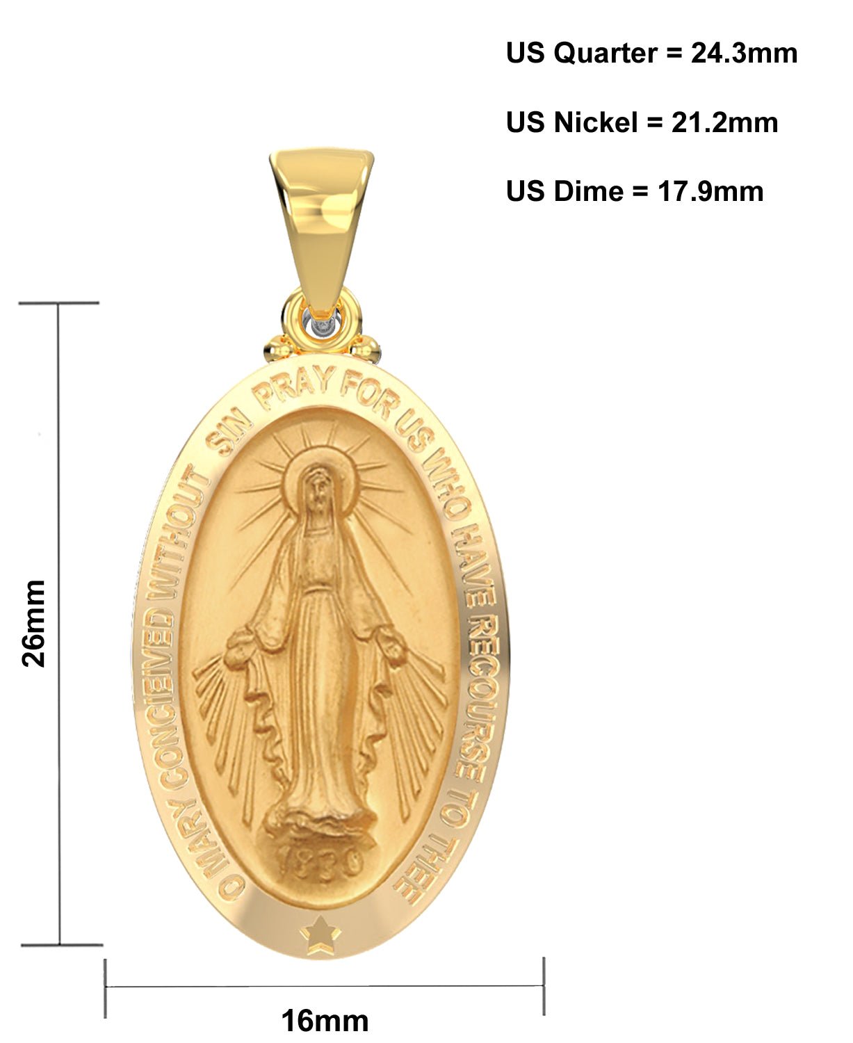 Ladies 14K Yellow Gold Miraculous Virgin Mary Hollow Oval Polished Pendant Necklace, 26mm - US Jewels