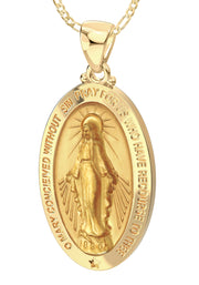 Ladies 14K Yellow Gold Miraculous Virgin Mary Hollow Oval Polished Pendant Necklace, 28mm - US Jewels