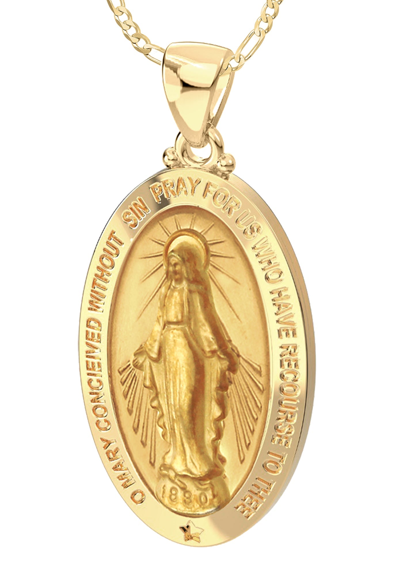 Ladies 14K Yellow Gold Miraculous Virgin Mary Hollow Oval Polished Pendant Necklace, 28mm - US Jewels
