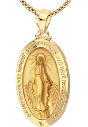 Ladies 14K Yellow Gold Miraculous Virgin Mary Hollow Oval Polished Pendant Necklace, 32mm - US Jewels
