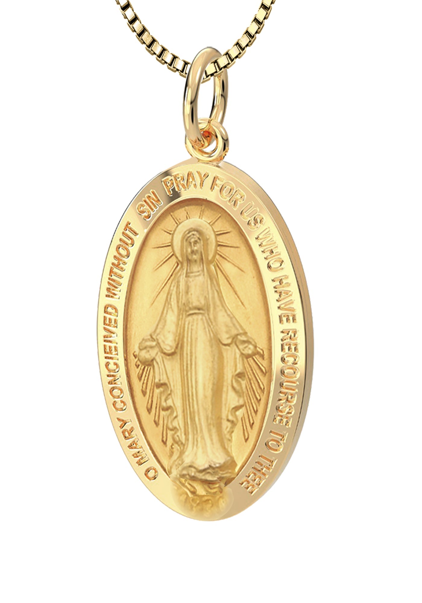 Ladies 14K Yellow Gold Miraculous Virgin Mary Solid Oval Polished Pendant Necklace, 22mm - US Jewels
