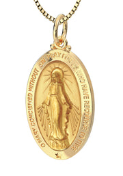 Ladies 14K Yellow Gold Miraculous Virgin Mary Solid Oval Polished Pendant Necklace, 24mm - US Jewels