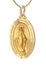 Ladies 14K Yellow Gold Miraculous Virgin Mary Solid Oval Polished Pendant Necklace, 24mm - US Jewels