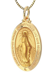 Ladies 14K Yellow Gold Miraculous Virgin Mary Solid Oval Polished Pendant Necklace, 26mm - US Jewels