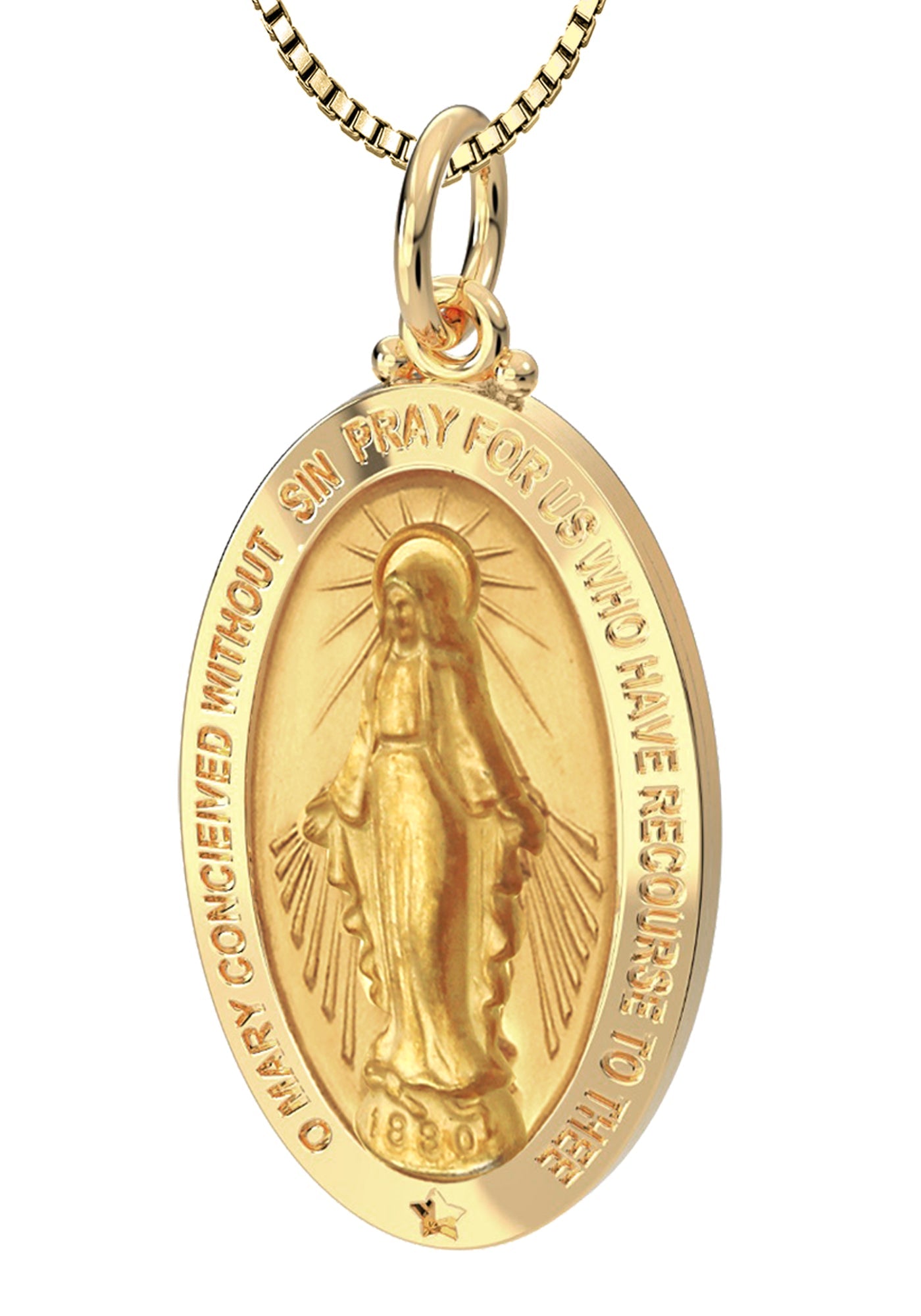 Ladies 14K Yellow Gold Miraculous Virgin Mary Solid Oval Polished Pendant Necklace, 28mm - US Jewels