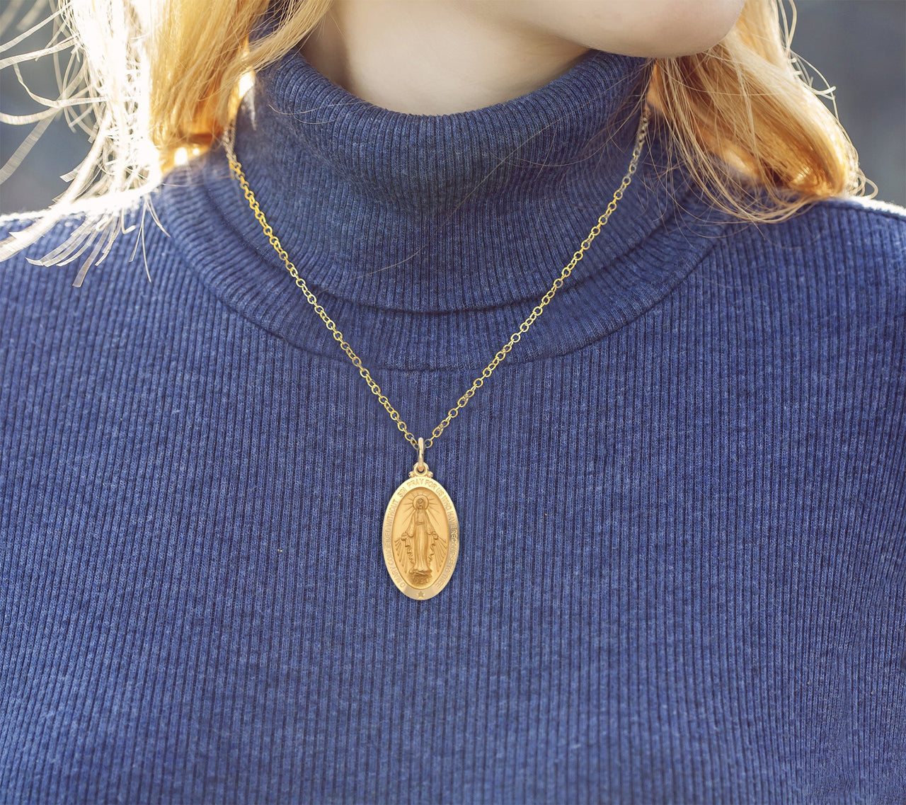 Ladies 14K Yellow Gold Miraculous Virgin Mary Solid Oval Polished Pendant Necklace, 28mm - US Jewels