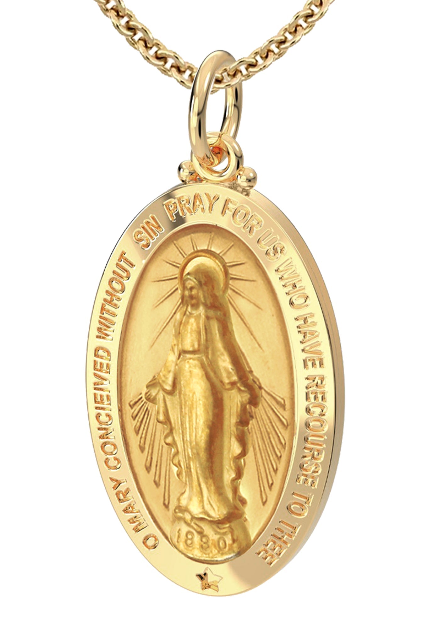 Ladies 14K Yellow Gold Miraculous Virgin Mary Solid Oval Polished Pendant Necklace 28mm 18in 3.0mm Cable Chain