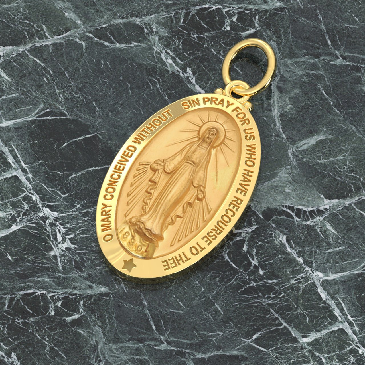 Ladies 14K Yellow Gold Miraculous Virgin Mary Solid Oval Polished Pendant Necklace, 28mm - US Jewels
