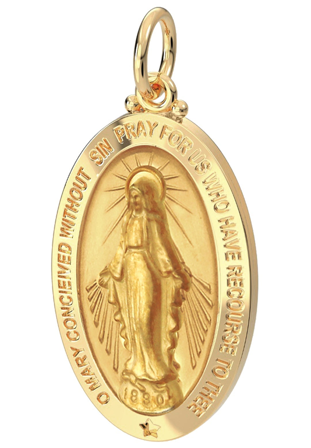 Ladies 14K Yellow Gold Miraculous Virgin Mary Solid Oval Polished Pendant Necklace, 32mm - US Jewels