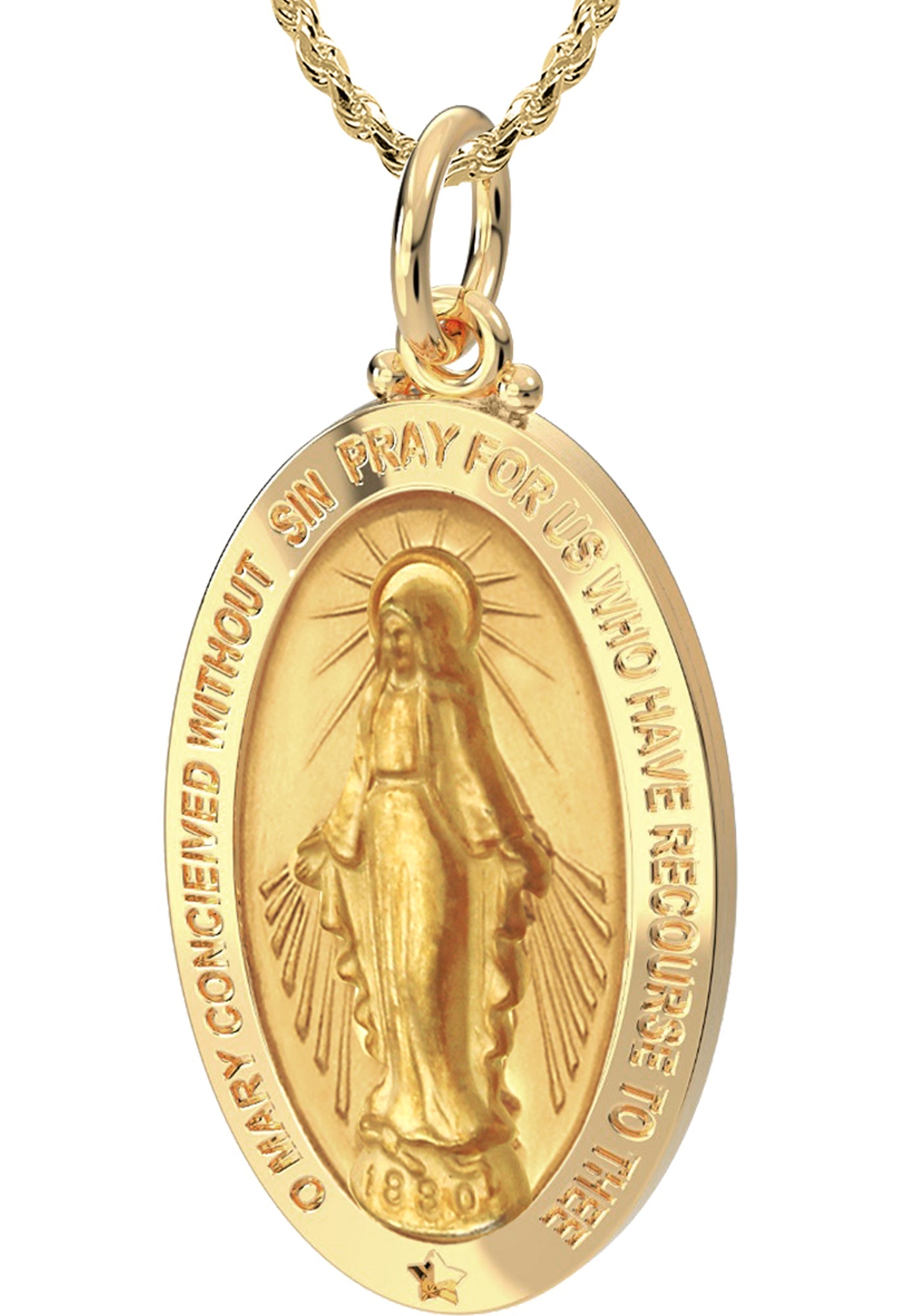 Ladies 14K Yellow Gold Miraculous Virgin Mary Solid Oval Polished Pendant Necklace, 32mm - US Jewels