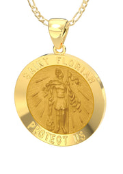 Ladies 14k Yellow Gold Round St Saint Florian Hollow Medal Pendant Necklace, 22mm - US Jewels