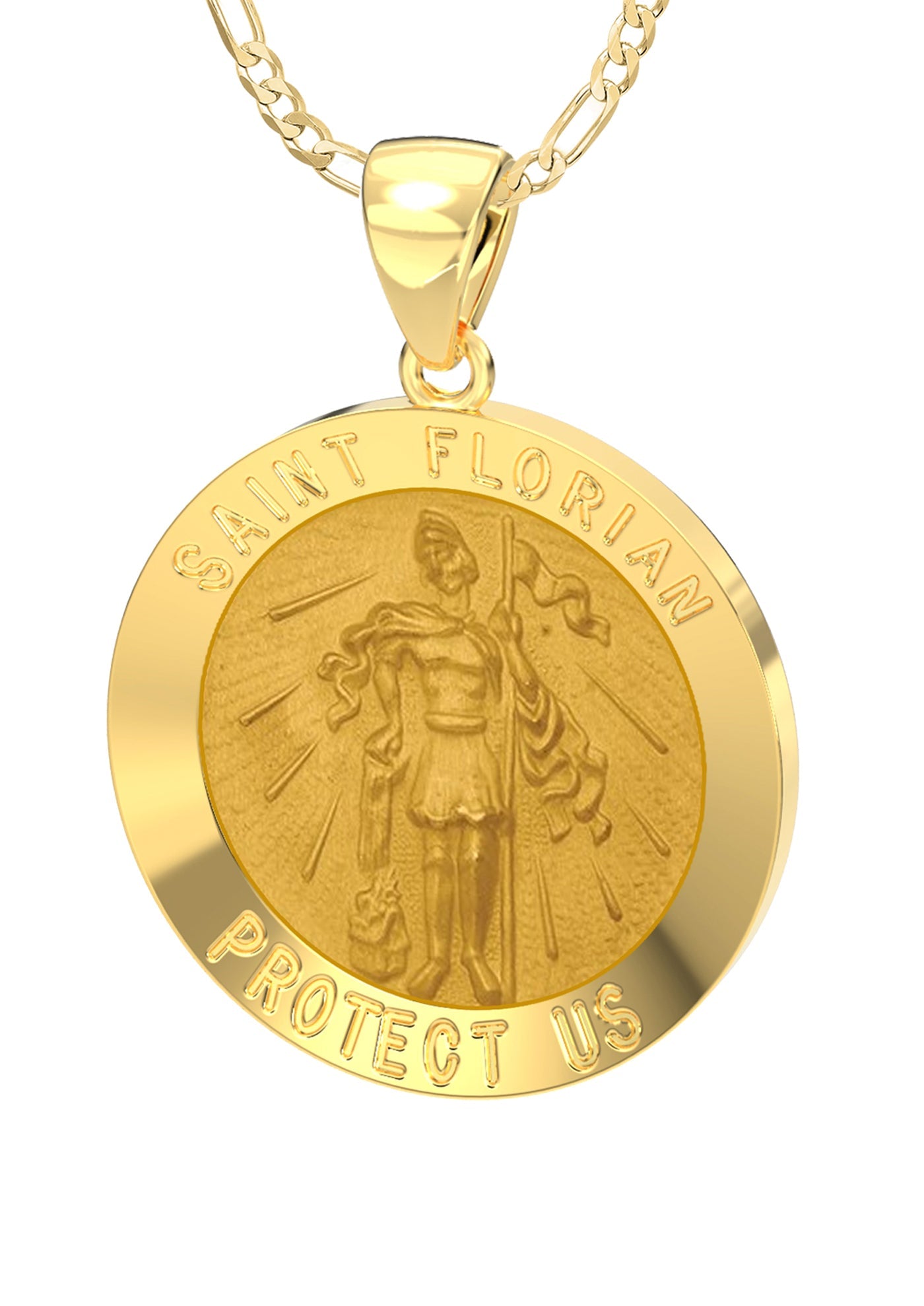 Ladies 14k Yellow Gold Round St Saint Florian Hollow Medal Pendant Necklace, 22mm - US Jewels