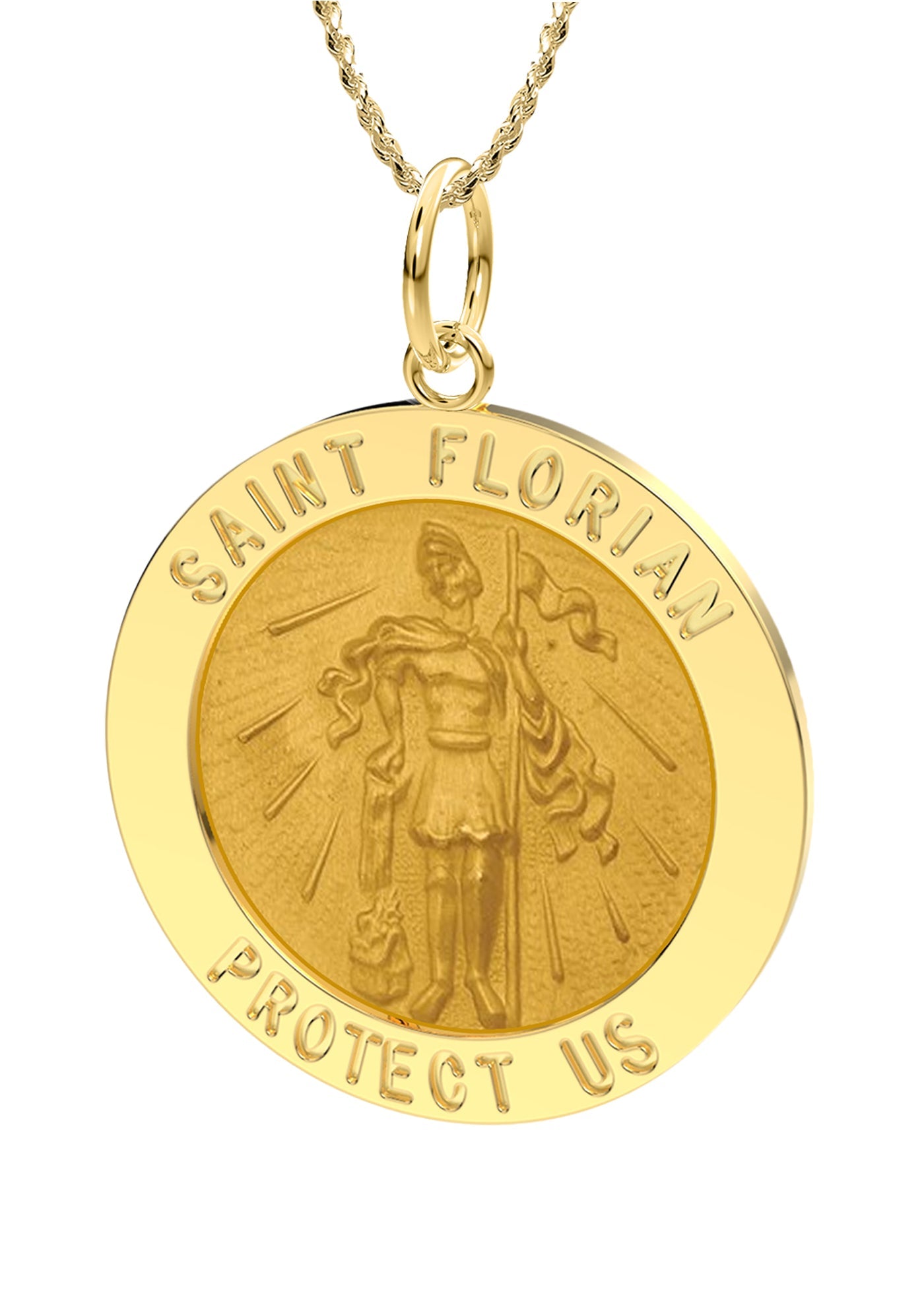 Ladies 14k Yellow Gold Round St Saint Florian Solid Medal Pendant Necklace, 22mm - US Jewels