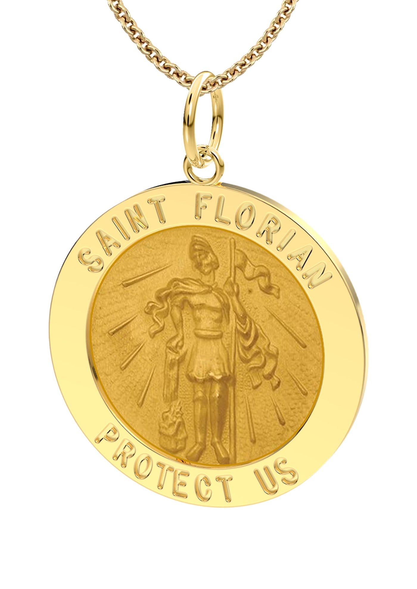 Ladies 14k Yellow Gold Round St Saint Florian Solid Medal Pendant Necklace, 22mm - US Jewels