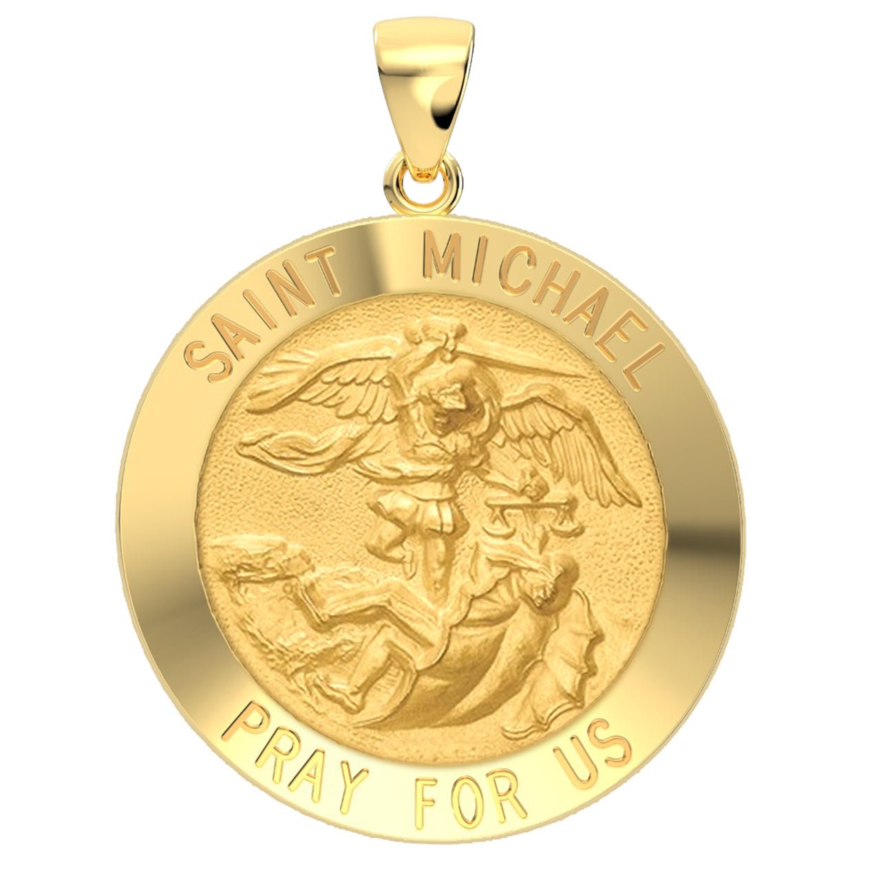 Ladies 14k Yellow Gold Round St Saint Michael Hollow Medal Pendant Necklace, 22mm - US Jewels
