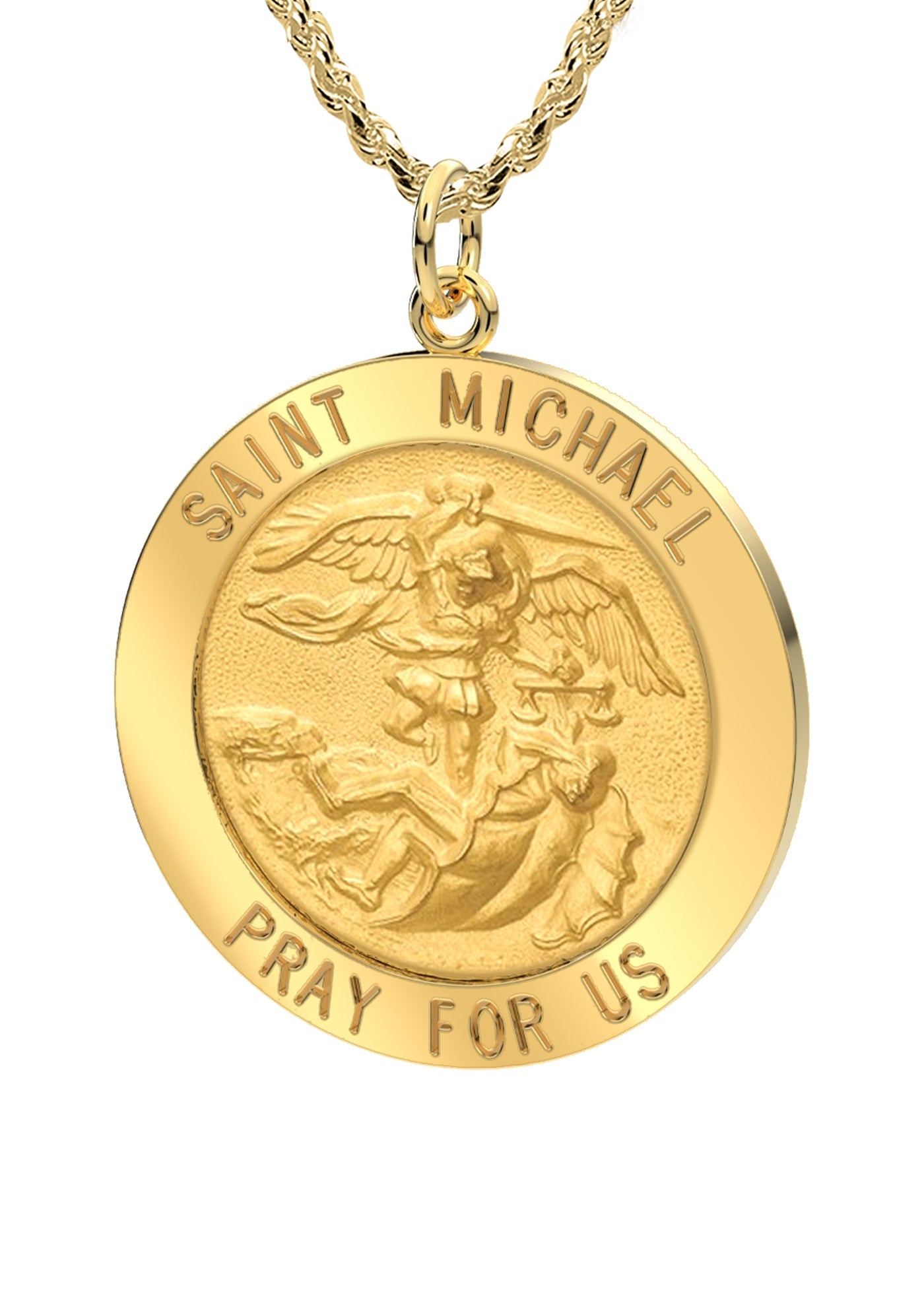 Ladies 14k Yellow Gold Round St Saint Michael Solid Medal Pendant Necklace, 22mm - US Jewels