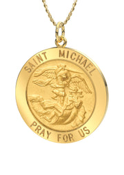 Ladies 14k Yellow Gold Round St Saint Michael Solid Medal Pendant Necklace, 22mm - US Jewels
