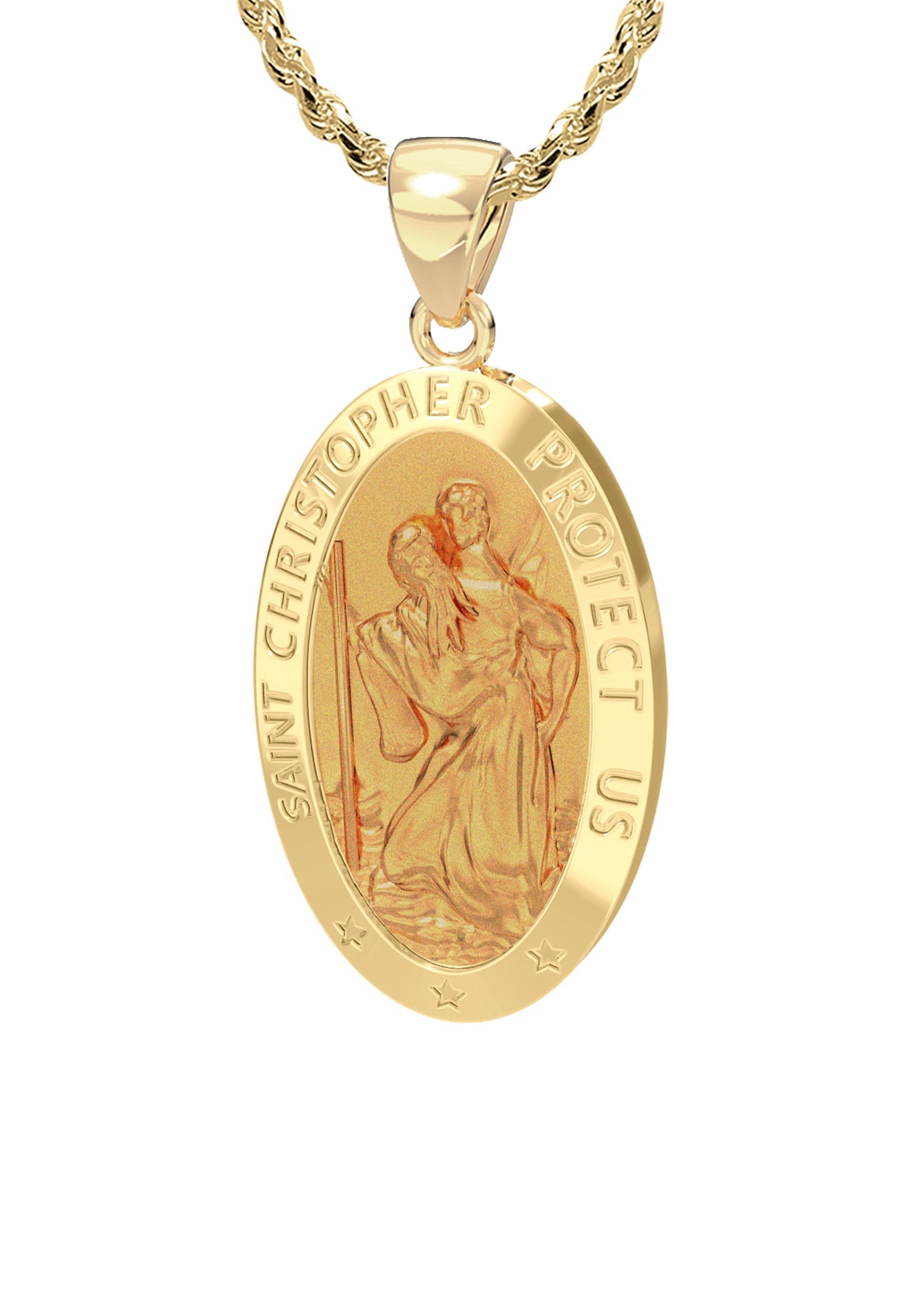 Ladies 14K Yellow Gold Saint Christopher Polished Finish Hollow Pendant Necklace, 22mm - US Jewels