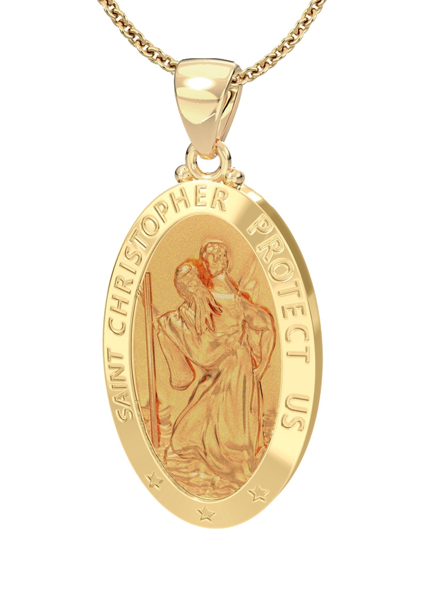 Ladies 14K Yellow Gold Saint Christopher Polished Finish Hollow Pendant Necklace, 26mm - US Jewels