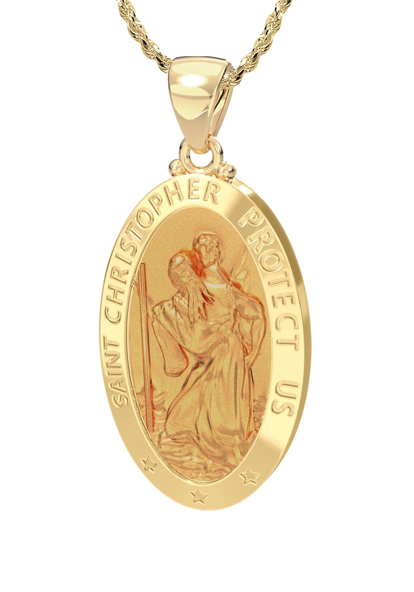 Ladies 14K Yellow Gold Saint Christopher Polished Finish Hollow Pendant Necklace, 26mm - US Jewels