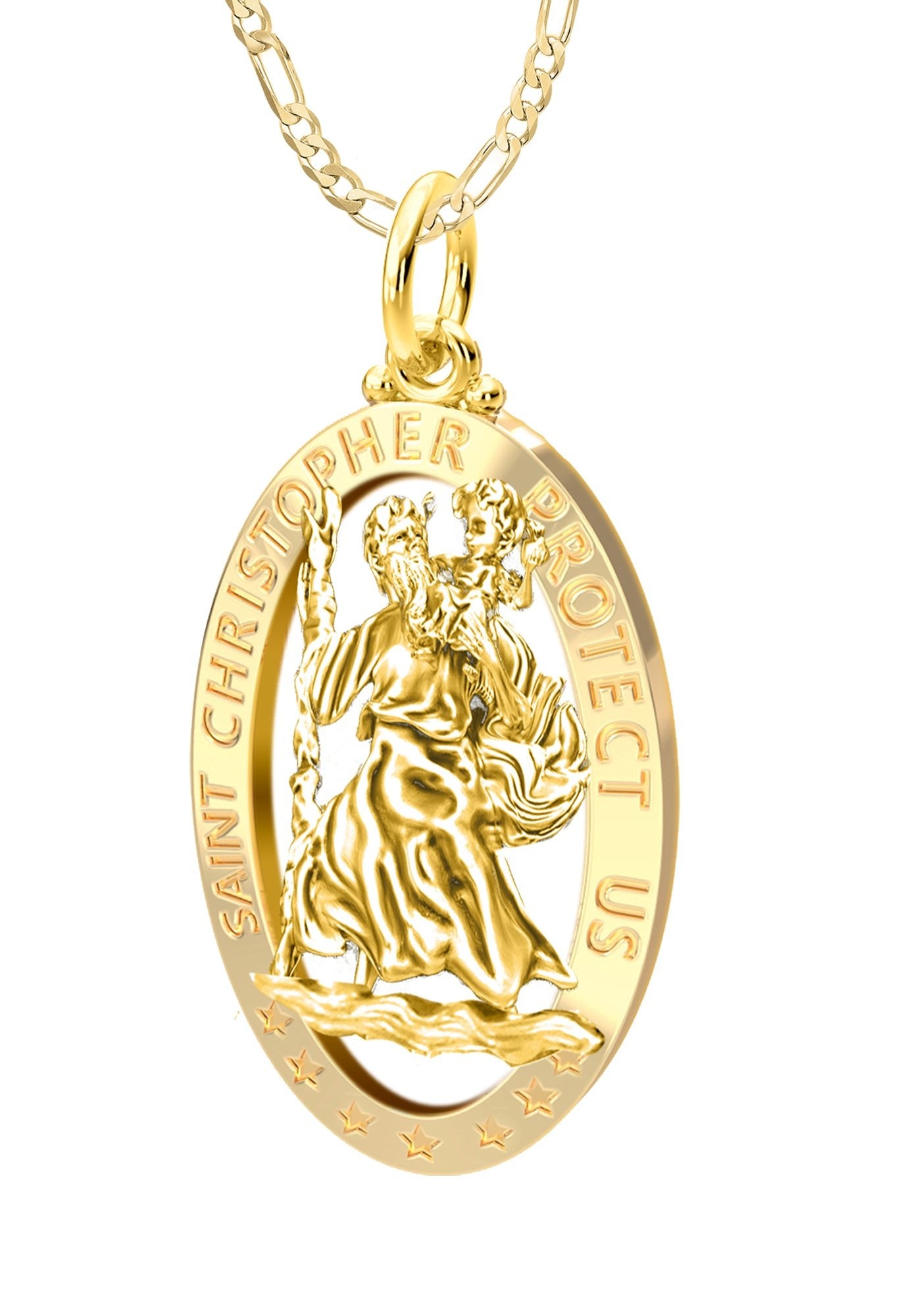 Ladies 14K Yellow Gold Saint Christopher Polished Finish Pierced Pendant Necklace, 25mm - US Jewels