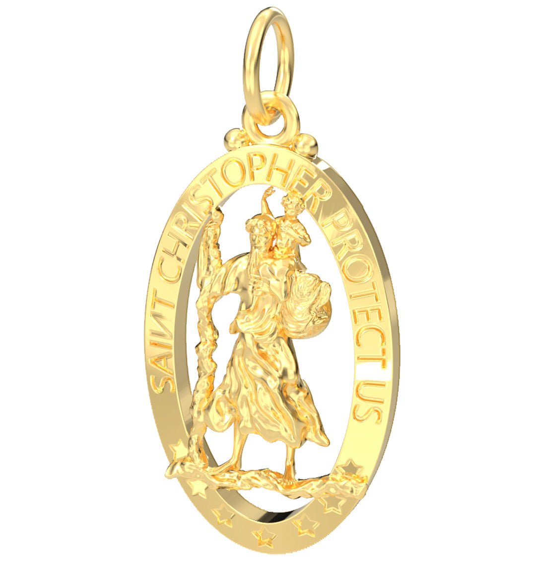Ladies 14K Yellow Gold Saint Christopher Polished Finish Pierced Pendant Necklace, 25mm - US Jewels