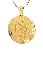 Ladies 14k Yellow Gold Saint Christopher Round Hollow Medal Necklace, 18mm - US Jewels