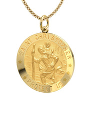 Ladies 14k Yellow Gold Saint Christopher Round Solid Medal Necklace, 18mm - US Jewels