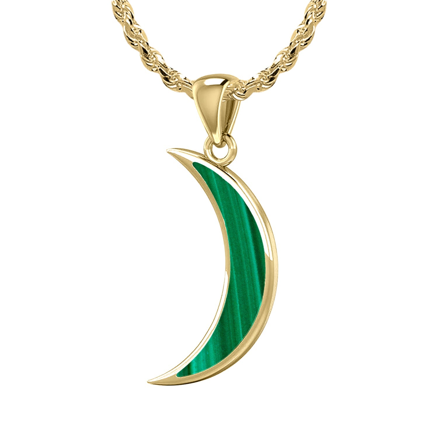 Ladies 14K Yellow Gold Simulated Malachite Magick Crescent Moon Pendant Necklace, 25mm - US Jewels