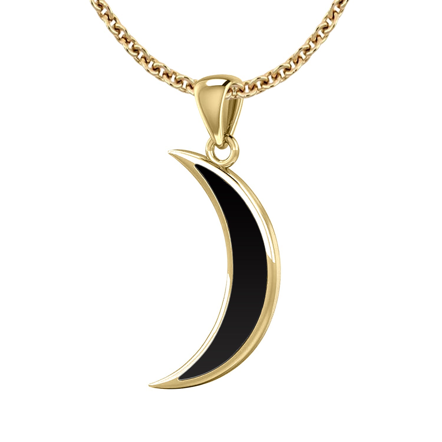 Ladies 14K Yellow Gold Simulated Onyx Inlay Magick Crescent Moon Pendant Necklace, 25mm - US Jewels