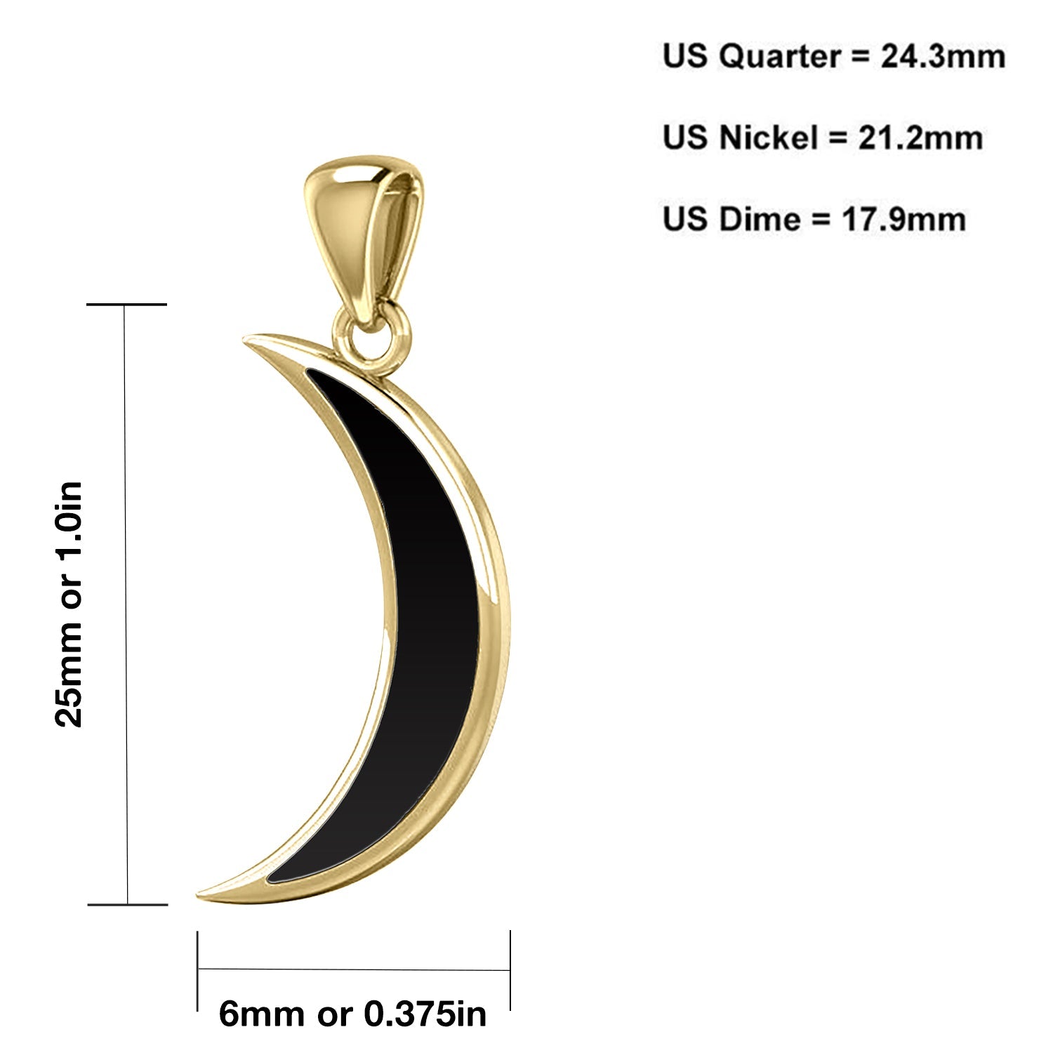 Ladies 14K Yellow Gold Simulated Onyx Inlay Magick Crescent Moon Pendant Necklace, 25mm - US Jewels