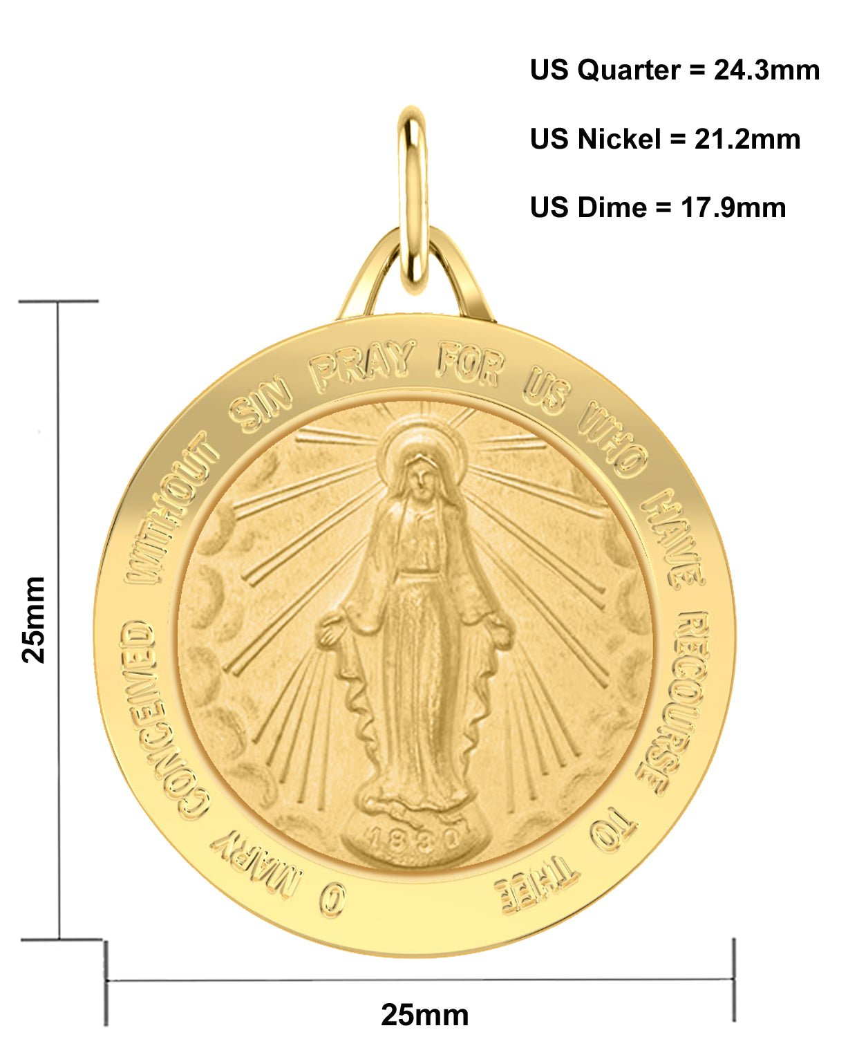 Ladies 14k Yellow Gold Solid Miraculous Virgin Mary Medal Pendant Necklace, 25mm - US Jewels