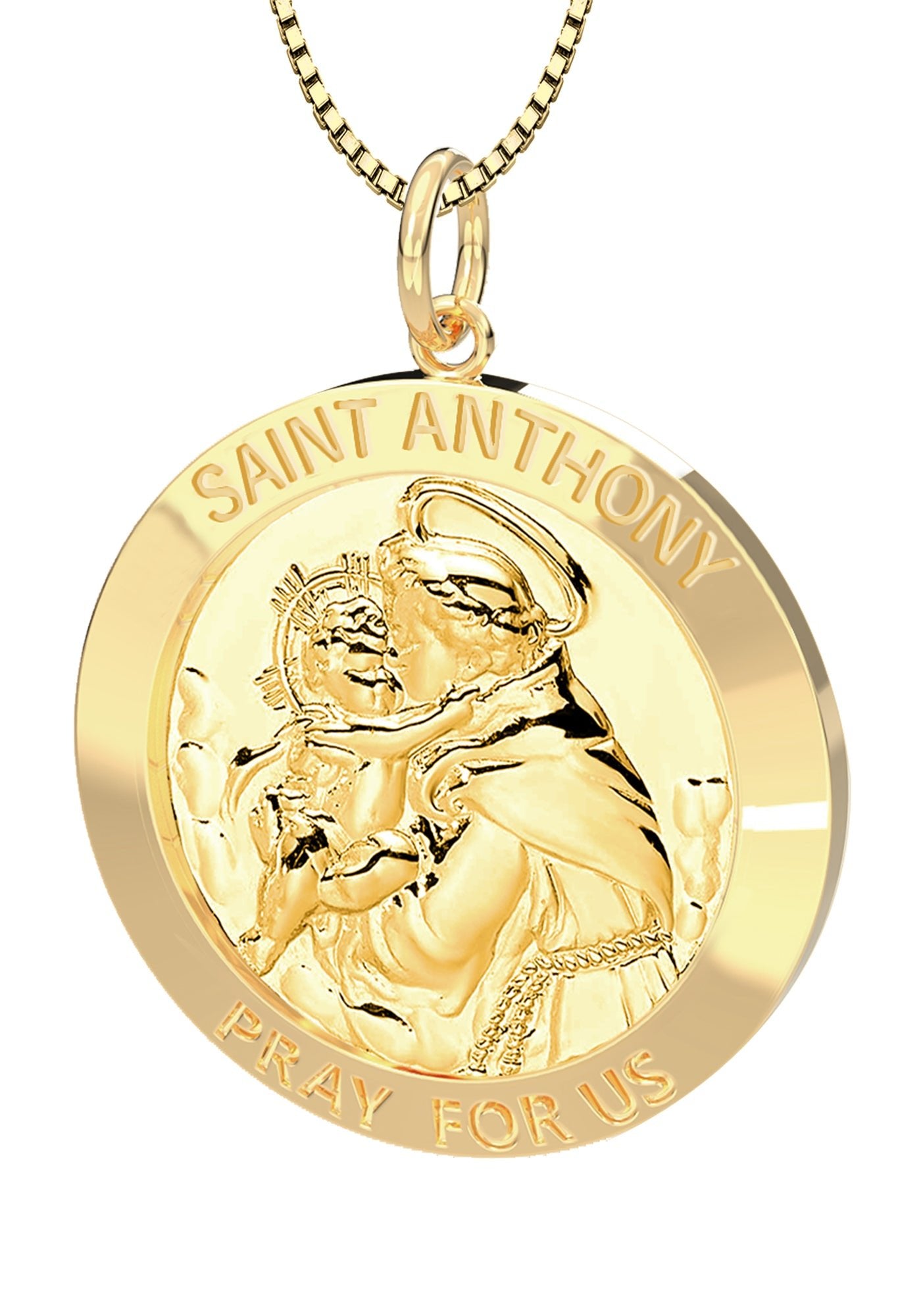 Ladies 14K Yellow Gold Solid Saint Anthony Medal Pendant Necklace, 22mm - US Jewels