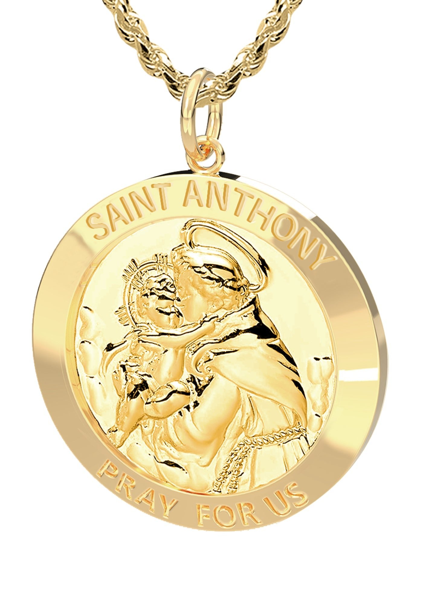 Ladies 14K Yellow Gold Solid Saint Anthony Medal Pendant Necklace, 22mm -  18in 2.0mm Rope Chain