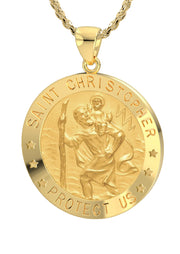 Ladies 14k Yellow Gold St Christopher Round Hollow Medal Necklace, 22mm - US Jewels