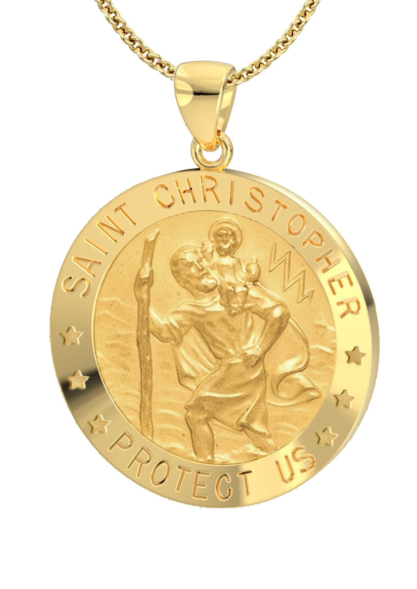 Ladies 14k Yellow Gold St Christopher Round Hollow Medal Necklace, 22mm - US Jewels