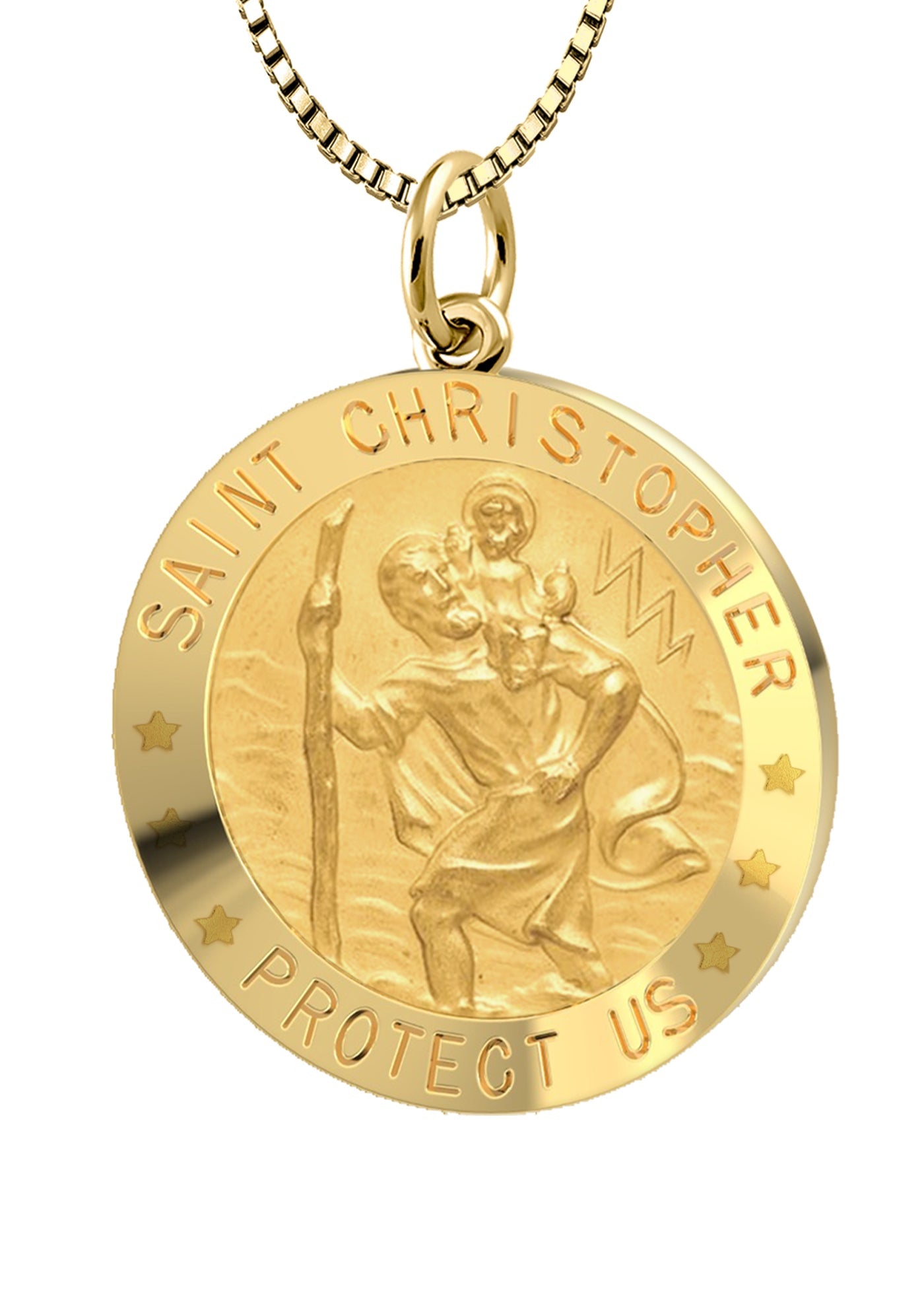 Ladies 14k Yellow Gold St Christopher Round Polished Solid Medal Necklace, 22mm - US Jewels