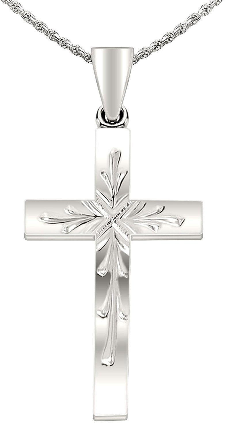 Ladies 14K Yellow or White Gold Christian Cross Pendant Necklace - 14k  White Gold / 16in 1.0mm Box Chain